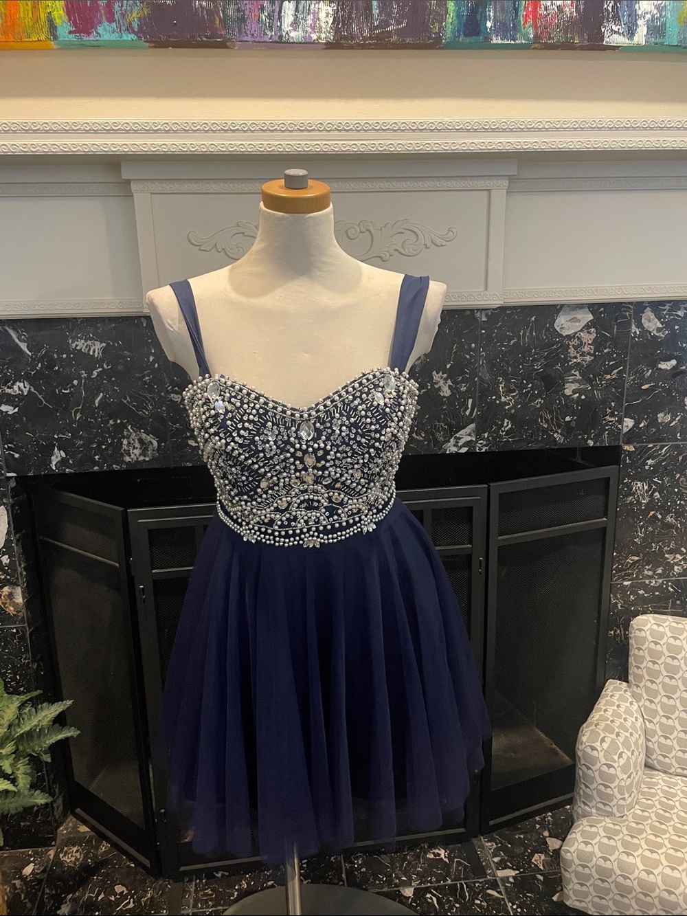 Beaded Navy Formal Cocktail Dress with Straps